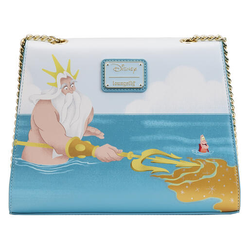 Photo of back panel of the bag, featuring King Triton sending his gold magic over the water toward Ariel, who is featured on the front.